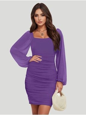 Macy's, Ladies lilac Square-Neck Ruched Mini Dress with Sheer Bishop Sleeves XL
